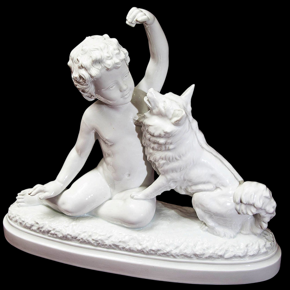 Большая Антикварная Авторская Статуэтка «Мальчик с собакой», Фарфор Villenauxe, Франция -30 гг.