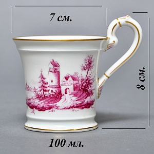 Фарфоровая Кофейная пара + тарелка «Пейзаж с башней», Hochst Германия, середина XX века. 