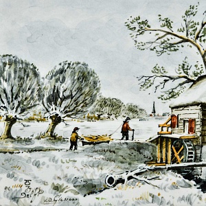 Фарфоровый Пласт - Картина - Панно «Сельский пейзаж. Мельница», Royal Delft Голландия 50 гг.