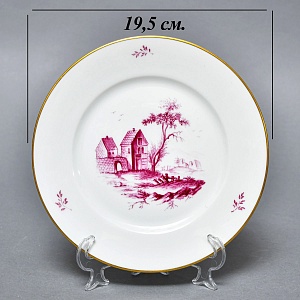 Фарфоровая Кофейная пара + тарелка «Пейзаж с башней», Hochst Германия, середина XX века. 