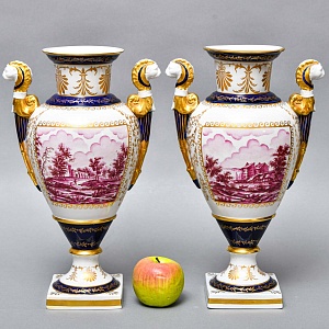 Коллекционные Парные Фарфоровые Вазы в стиле Ампир, Giulia Mangani Италия, середина ХХ века. 