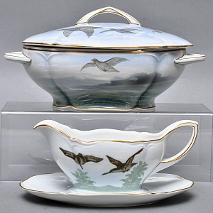 Столовый Фарфоровый сервиз «Охота» на 12 персон, Kaestner Saxonia Германия, первая половина ХХ века.