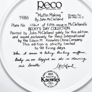 Коллекционная Фарфоровая Тарелка «День девочки Бекки. Приготовление маффинов», RECO США - 1986 год. 