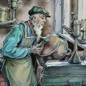 Объемная Картина - Панно в технике 3D декупаж «Ремесленник. Мастер - лудильщик», 70-е годы ХХ века.