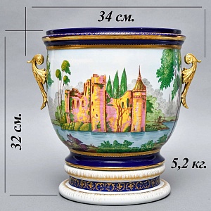 Большое Фарфоровое Кашпо - Ваза с ручками «Руины у озера», Giulia Mangani Италия.