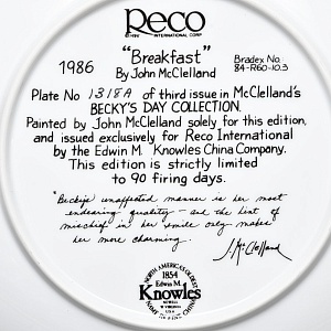Коллекционная Фарфоровая Тарелка «День девочки Бекки. Завтрак», RECO США - 1986 год. 