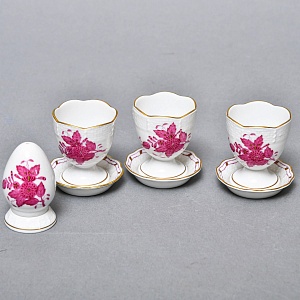 Набор для завтрака - три Пашотницы и Солонка «APPONYI PURPUR», Фарфор HEREND Венгрия. 