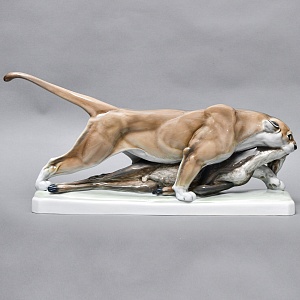 Большая! Авторская Фарфоровая статуэтка «ПУМА С ДОБЫЧЕЙ», ROSENTHAL Германия - 1938 год. 