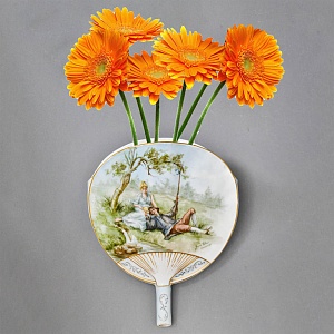 Антикварное Фарфоровое Настенное Кашпо - Ваза «Веер», роспись, Limoges Франция -1891 год.