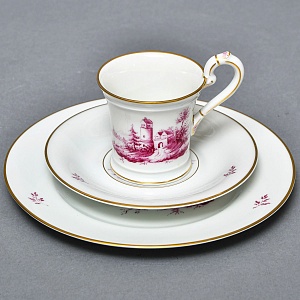 Фарфоровая Кофейная пара + тарелка «Пейзаж с башней», Hochst Германия, середина XX века. 