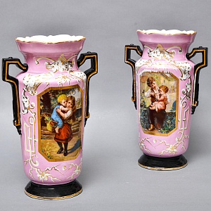 Редкость! Антикварные Парные Фарфоровые Вазы «Мгновения детства», Франция, конец XIX века. 