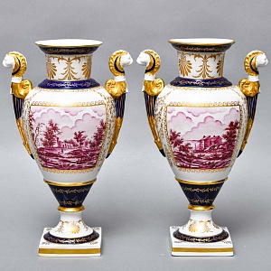 Коллекционные Парные Фарфоровые Вазы в стиле Ампир, Giulia Mangani Италия, середина ХХ века. 