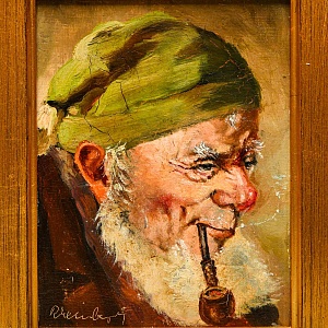 Картина - Портрет - Миниатюра «Старик с трубкой», Доска, Масло, Германия -1965 год.