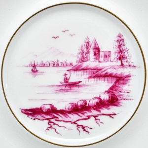 Фарфоровая Кофейная пара + тарелка «Пейзаж у реки», Hochst Германия, середина XX века.