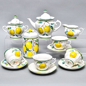 Авторский Чайный сервиз на 4 персоны «Лимоны», фарфор, ручная роспись, Гжель Россия -2000 г..