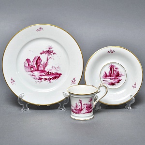 Фарфоровая Кофейная пара + тарелка «Пейзаж с башней», Hochst Германия, середина XX века. 