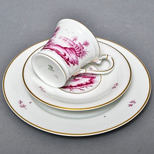 Фарфоровая Кофейная пара + тарелка «Пейзаж у реки», Hochst Германия, середина XX века.