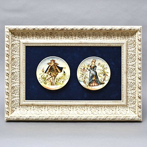 Картина - Панно из Двух Антикварных Тарелок «Кавалер и Дама», Фаянс Бельгия начало ХХ века.