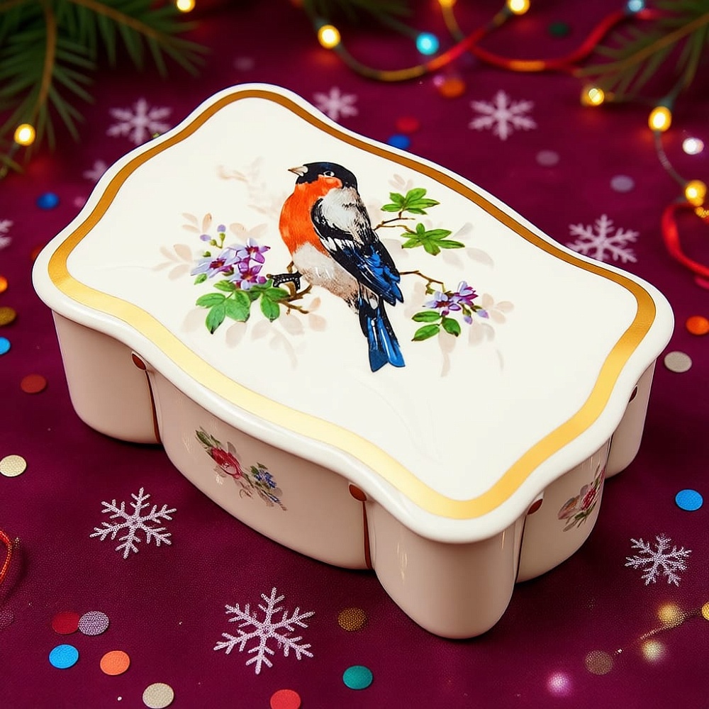 Фарфоровая Шкатулка - Бонбоньерка «Снегирь на ветке», Португалия середина ХХ века.