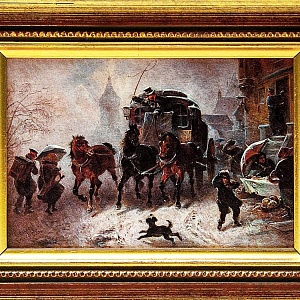 Картина - Пейзаж - Миниатюра «Городская улица - Дилижанс», Доска, Масло, Германия 80 -е ХХ века.