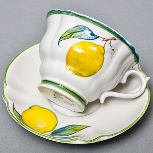 Авторский Чайный сервиз на 4 персоны «Лимоны», фарфор, ручная роспись, Гжель Россия -2000 г..
