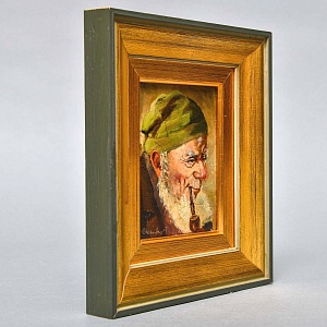 Картина - Портрет - Миниатюра «Старик с трубкой», Доска, Масло, Германия -1965 год.