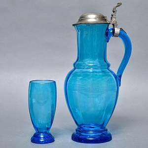 Антикварный Стеклянный Набор Кувшин + Стаканы «Аквамарин» Германия - 30-е годы ХХ века.