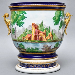 Большое Фарфоровое Кашпо - Ваза с ручками «Руины у озера», Giulia Mangani Италия.