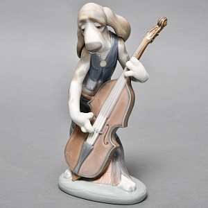 Коллекционная Фарфоровая статуэтка «Собака, играющая на контрабасе», Lladro Испания, 1971 - 1978 годы.