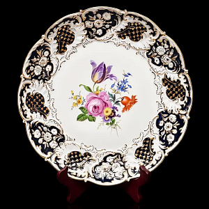 Коллекционное Фарфоровое Блюдо - Тарелка «Букет с тюльпаном и розой», Кобальт, MEISSEN Германия - 1970 год.