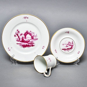 Фарфоровая Кофейная пара + тарелка «Пейзаж у реки», Hochst Германия, середина XX века.