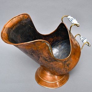 Большой Антикварный Зольник - Угольница с Фарфоровыми ручками, Медь, Англия, первая половина ХХ века! 