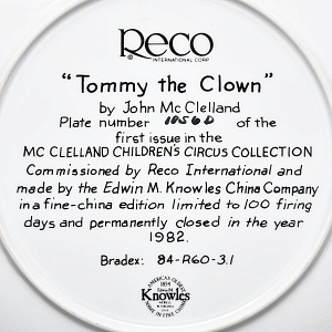 Коллекционная Фарфоровая Тарелка «Томми - Маленький клоун», RECO США - 1982 год.