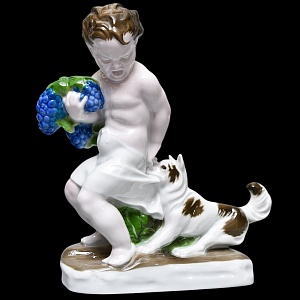 Редкая! Фарфоровая статуэтка «Мальчик с виноградом и собака», ROSENTHAL Германия, первая половина ХХ века. 