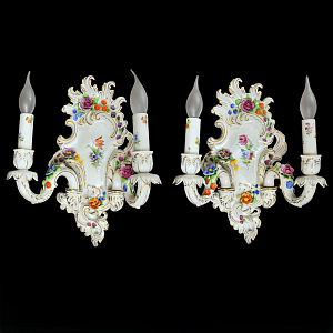 Парные Настенные Электрические Бра - Канделябры, Фарфор PLAUE Von Schierholz Германия.