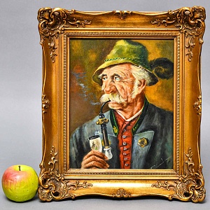 Картина - Портрет «Старый охотник с трубкой», Доска, Масло, Германия -1967 год.