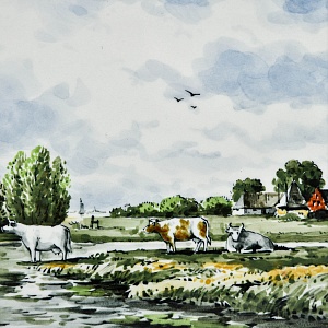 Фарфоровый Пласт - Картина - Панно «Сельский пейзаж. Заливной Луг», Royal Delft Голландия 50 гг.