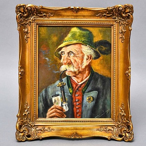 Картина - Портрет «Старый охотник с трубкой», Доска, Масло, Германия -1967 год.