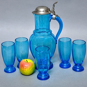 Антикварный Стеклянный Набор Кувшин + Стаканы «Аквамарин» Германия - 30-е годы ХХ века.