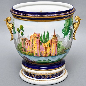 Большое Фарфоровое Кашпо - Ваза с ручками «Руины у озера», Giulia Mangani Италия.