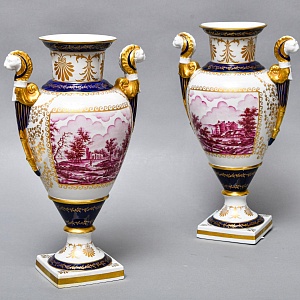 Коллекционные Парные Фарфоровые Вазы в стиле Ампир, Giulia Mangani Италия, середина ХХ века. 