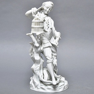 Антикварная Фарфоровая статуэтка «Птицелов с собакой», Fraureuth Германия, 1919 - 1926 годы. 