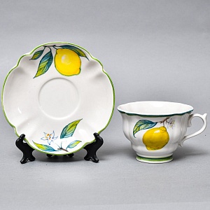 Авторский Чайный сервиз на 4 персоны «Лимоны», фарфор, ручная роспись, Гжель Россия -2000 г..
