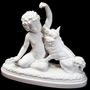 Большая Антикварная Авторская Статуэтка «Мальчик с собакой», Фарфор Villenauxe, Франция -30 гг.