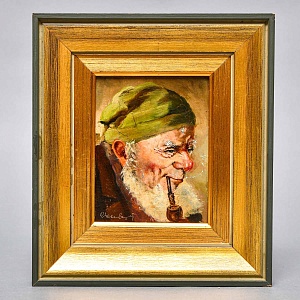 Картина - Портрет - Миниатюра «Старик с трубкой», Доска, Масло, Германия -1965 год.