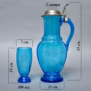 Антикварный Стеклянный Набор Кувшин + Стаканы «Аквамарин» Германия - 30-е годы ХХ века.