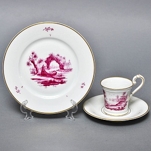 Фарфоровая Кофейная пара + тарелка «Пейзаж у реки», Hochst Германия, середина XX века.