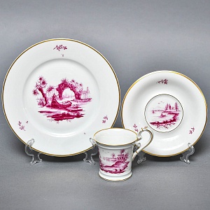 Фарфоровая Кофейная пара + тарелка «Пейзаж у реки», Hochst Германия, середина XX века.