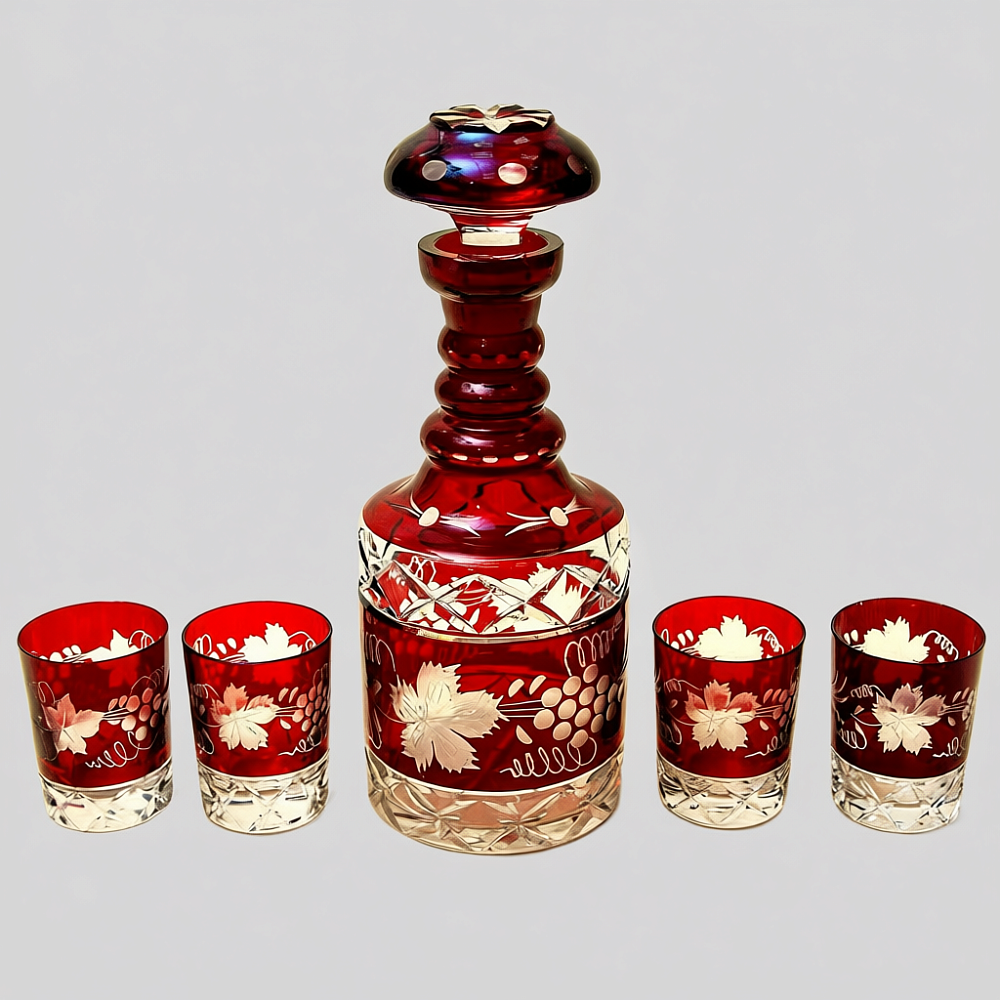 Графин и Четыре Стакана «Виноград» из Цветного Хрусталя DOROTHEENHUTTE Западная Германия 60гг.