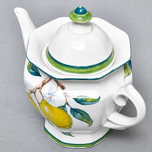 Авторский Чайный сервиз на 4 персоны «Лимоны», фарфор, ручная роспись, Гжель Россия -2000 г..